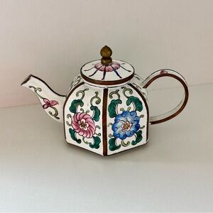 Vintage Cloisonné Miniature Teapot | Floral Enamel Metal | Hexagon Shape